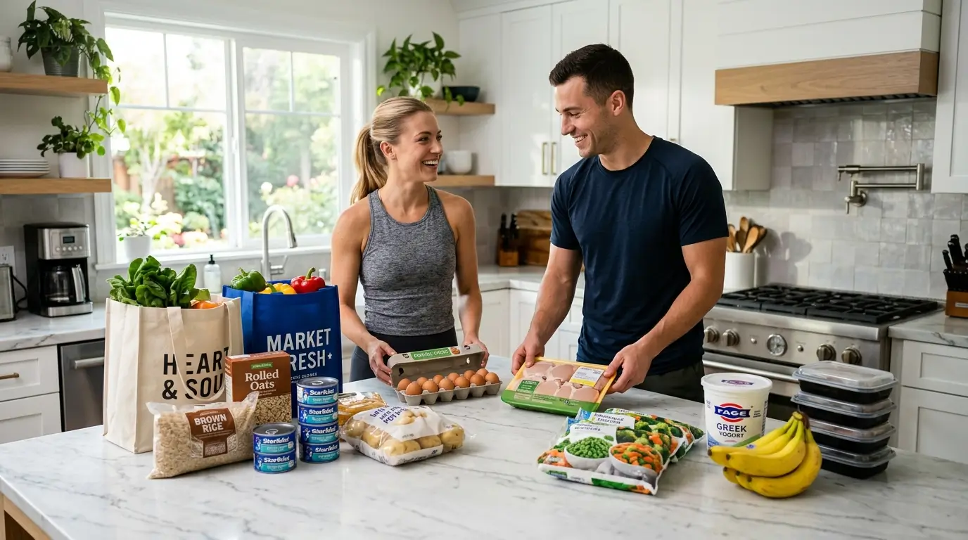 Ultra-realistic fitness lifestyle scene showing a fit man and woman organizing affordable healthy groceries in a bright modern kitchen with chicken thighs, eggs, brown rice, oats, canned tuna, potatoes, frozen vegetables, Greek yogurt, bananas, and meal prep containers on a marble countertop beside budget-friendly shopping bags under natural morning sunlight.