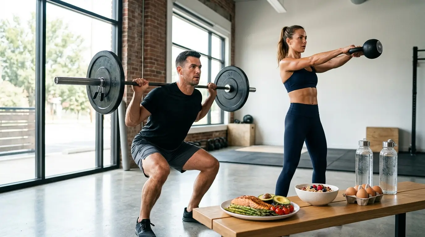 Fit man and woman performing squats and kettlebell swings in a modern gym, with healthy foods like salmon, eggs, oats, avocado, and vegetables highlighting a flat stomach fitness lifestyle.