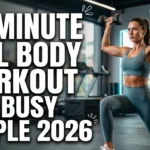 Realistic YouTube thumbnail featuring a person doing a full-body workout at home with a timer, with bold text “20 Minute Full Body Workout for Busy People 2026” in a bold, high-contrast fitness design.