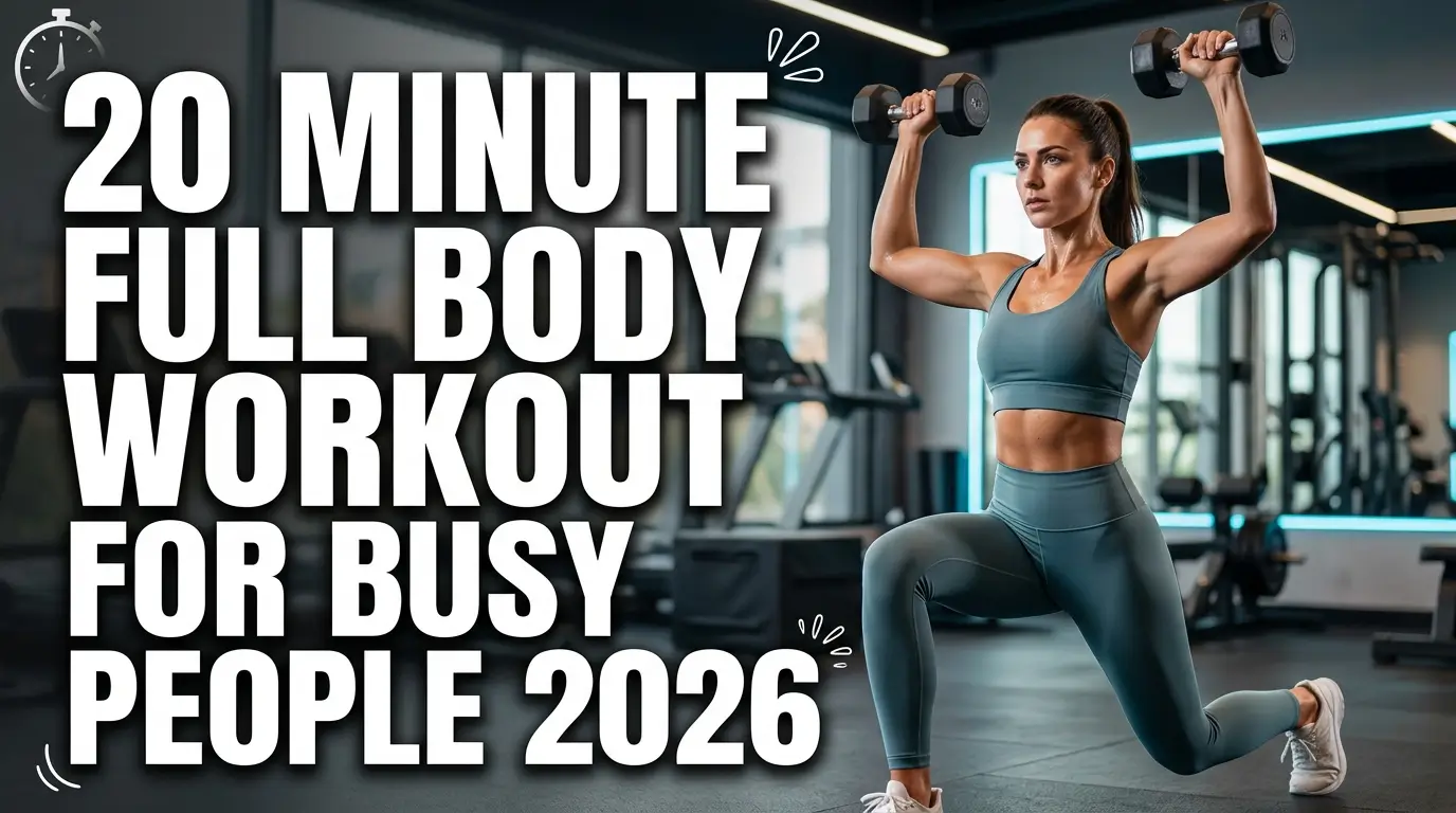 Realistic YouTube thumbnail featuring a person doing a full-body workout at home with a timer, with bold text “20 Minute Full Body Workout for Busy People 2026” in a bold, high-contrast fitness design.