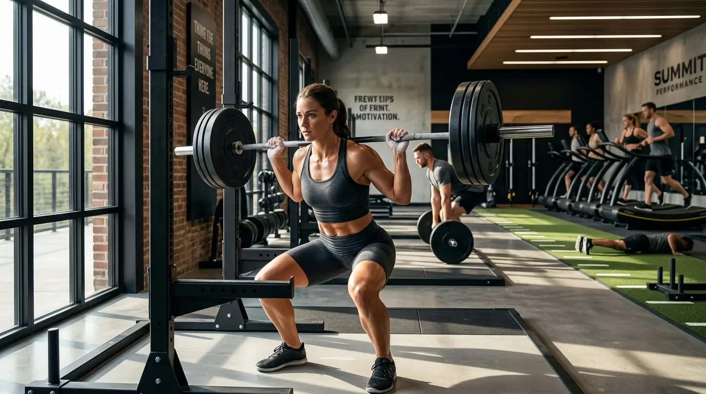 Ultra-realistic modern luxury gym scene showing a fit athlete performing compound exercises including barbell squats, deadlifts, push-ups, and sprint training with strong core engagement, premium gym equipment, dramatic natural lighting, and cinematic fitness photography emphasizing full-body strength and athletic performance.