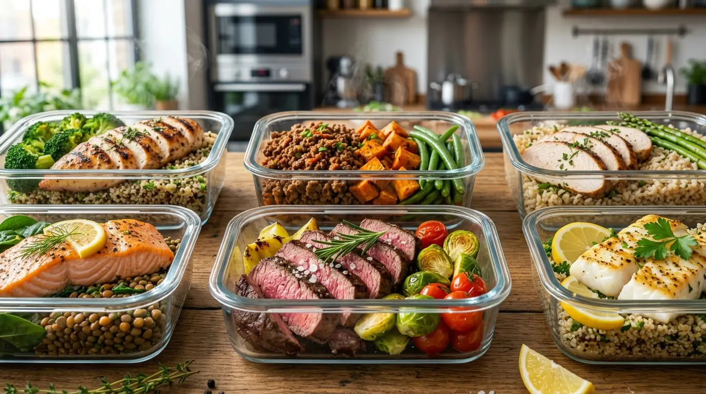 Ultra-realistic close-up of high-protein meal prep featuring grilled chicken breasts, lean ground beef, turkey breast, baked salmon, white fish fillets, sliced steak, and boiled eggs arranged in premium glass meal prep containers with fresh herbs, garlic, rosemary, and black pepper in a modern fitness kitchen under dramatic natural lighting.
