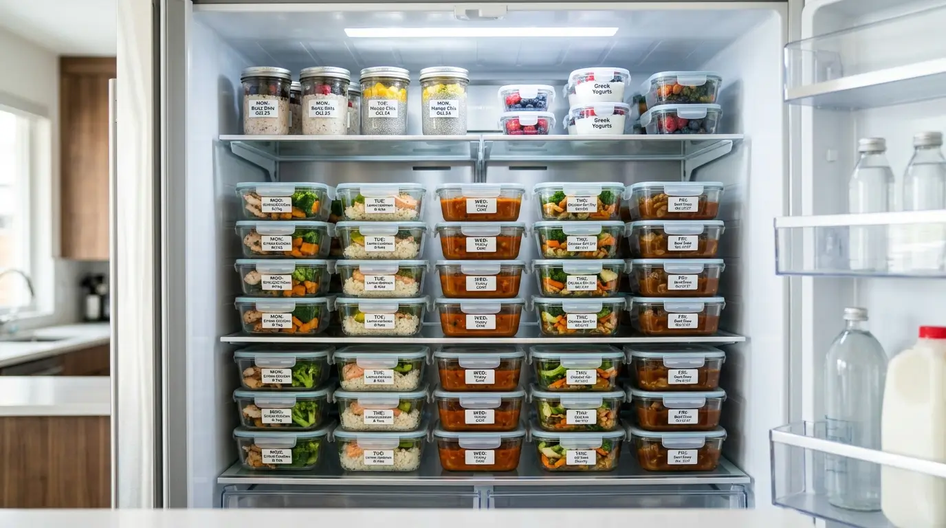 Ultra-realistic modern refrigerator filled with neatly labeled glass meal prep containers arranged in perfect rows, containing healthy meals like chicken, rice, vegetables, salads, soups, and overnight oats organized by day of the week under bright LED lighting in a clean minimalist kitchen.
