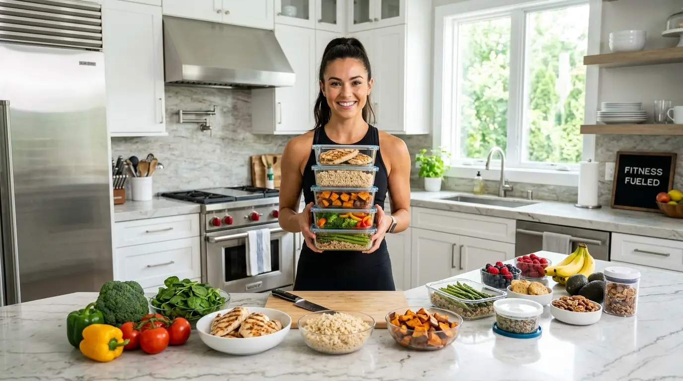 Ultra-realistic fitness lifestyle scene showing a motivated athlete in a bright luxury kitchen holding neatly prepared glass meal prep containers filled with colorful healthy meals, with fresh vegetables, grilled chicken, rice, sweet potatoes, fruits, and healthy snacks displayed on the kitchen island under natural sunlight in a premium wellness photography style.