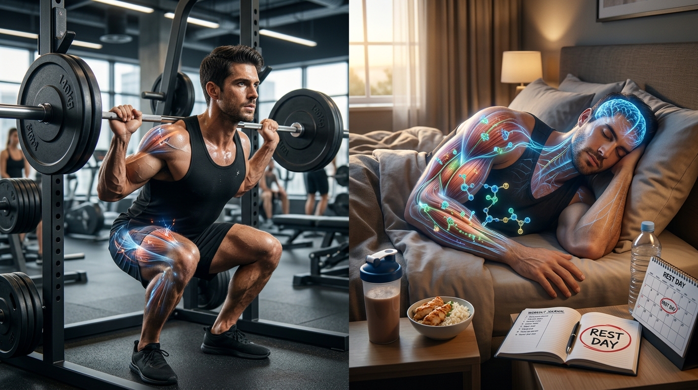 Ultra-realistic split-scene illustrating the science of muscle recovery, with an athlete performing heavy barbell squats and deadlifts in a modern gym on one side, showing subtle glowing muscle fiber micro-tears, and the same athlete sleeping peacefully on the other side as scientific visuals depict muscle protein synthesis repairing muscle tissue and the central nervous system recovering. A protein-rich meal, water bottle, gym bag, workout journal, and a calendar marking a rest day reinforce the importance of recovery in a premium sports science and fitness editorial style.