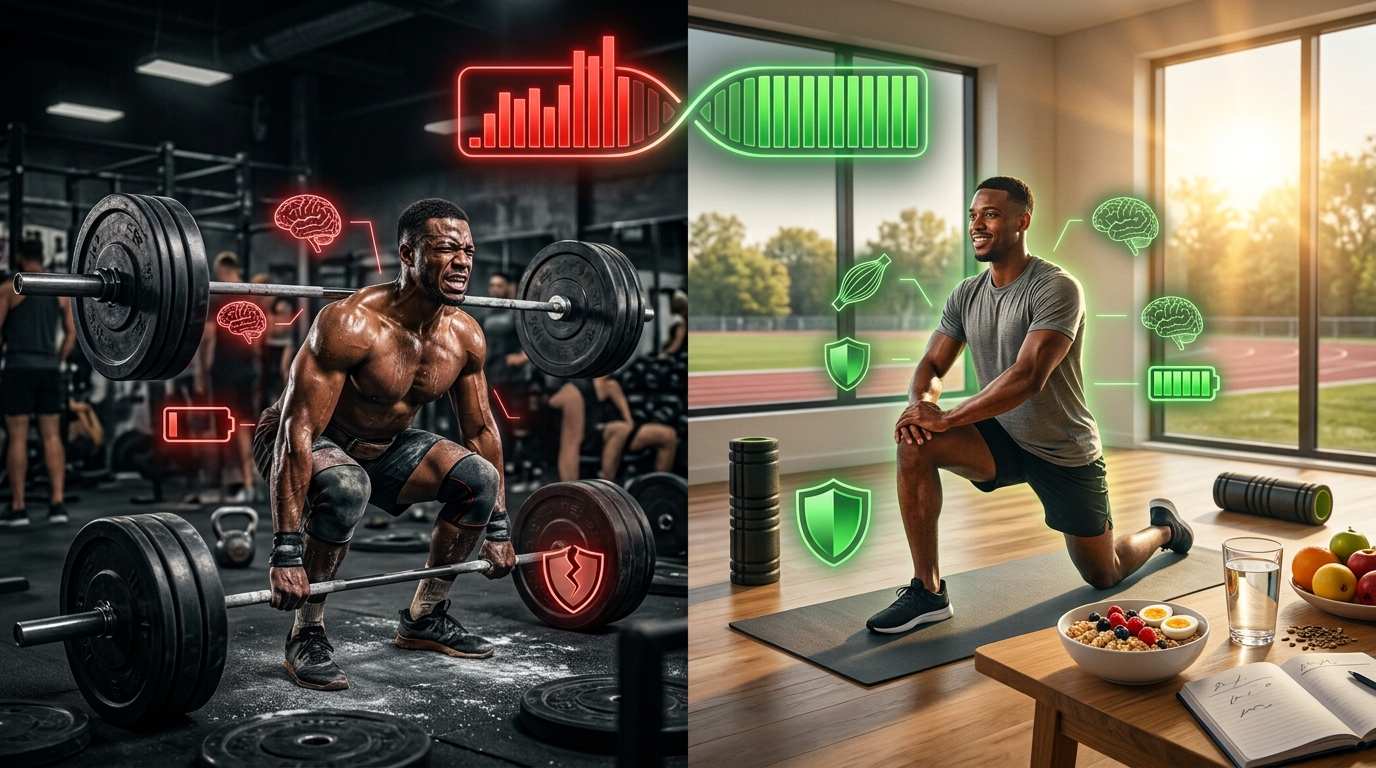 Split-scene showing overtraining syndrome versus proper recovery, highlighting intense workouts, fatigue, rest days, healthy nutrition, and restored energy.