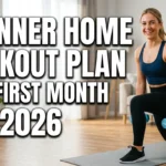 Realistic YouTube thumbnail featuring a beginner exercising at home with a yoga mat and simple workout equipment, with bold text “Beginner Home Workout Plan for First Month 2026” in a bold, high-contrast fitness design.