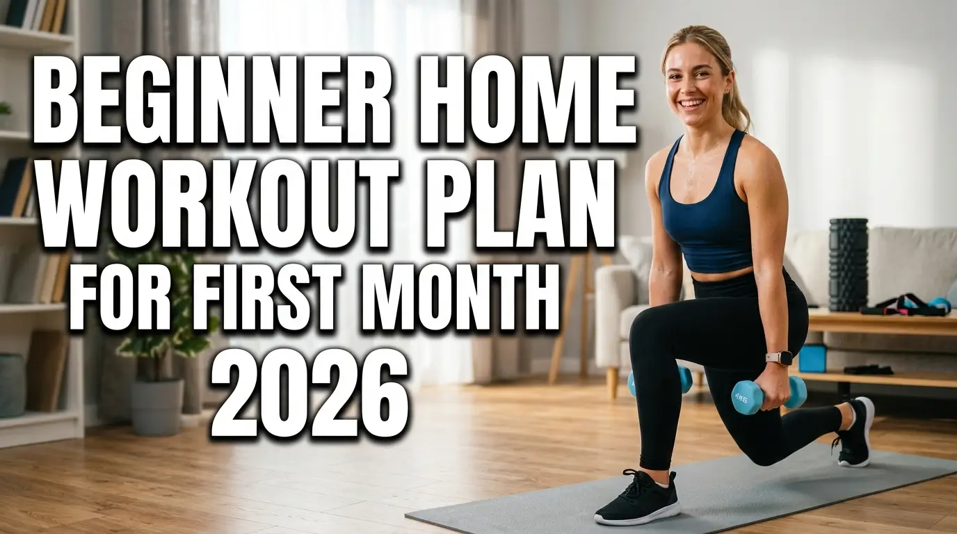 Realistic YouTube thumbnail featuring a beginner exercising at home with a yoga mat and simple workout equipment, with bold text “Beginner Home Workout Plan for First Month 2026” in a bold, high-contrast fitness design.