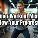 Realistic YouTube thumbnail featuring a beginner making common workout mistakes in the gym, with bold text “Beginner Workout Mistakes That Slow Your Progress 2026” in a bold, high-contrast fitness design.