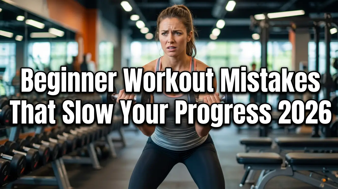Realistic YouTube thumbnail featuring a beginner making common workout mistakes in the gym, with bold text “Beginner Workout Mistakes That Slow Your Progress 2026” in a bold, high-contrast fitness design.