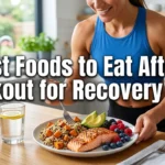 Realistic YouTube thumbnail featuring healthy post-workout foods like grilled chicken, eggs, rice, fruit, and a protein shake, with bold text “Best Foods to Eat After a Workout for Recovery” in a vibrant, high-contrast fitness nutrition design.