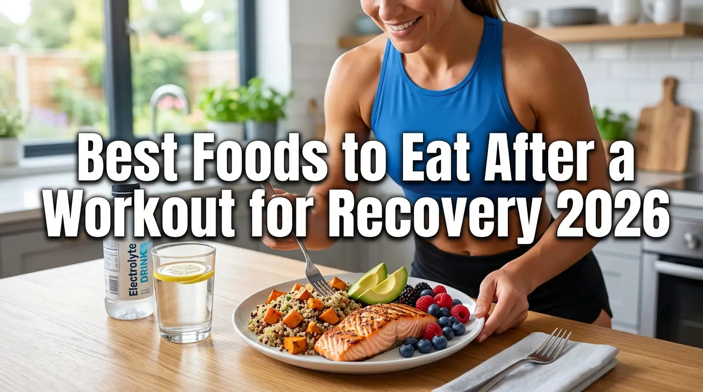 Realistic YouTube thumbnail featuring healthy post-workout foods like grilled chicken, eggs, rice, fruit, and a protein shake, with bold text “Best Foods to Eat After a Workout for Recovery” in a vibrant, high-contrast fitness nutrition design.