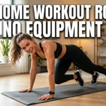 Realistic YouTube thumbnail featuring a person performing bodyweight exercises at home without equipment, with bold text “Best Home Workout Routine With No Equipment 2026” in a vibrant, high-contrast fitness design.