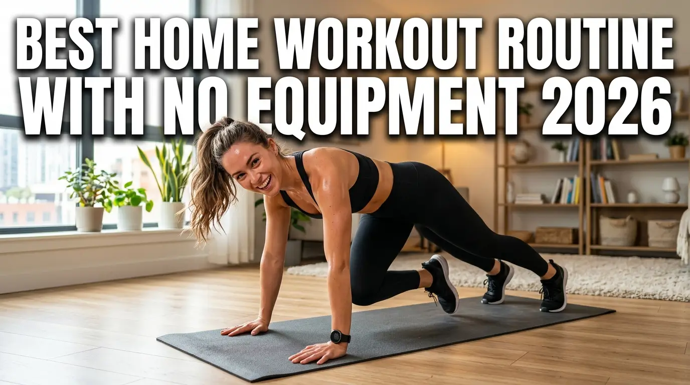 Realistic YouTube thumbnail featuring a person performing bodyweight exercises at home without equipment, with bold text “Best Home Workout Routine With No Equipment 2026” in a vibrant, high-contrast fitness design.