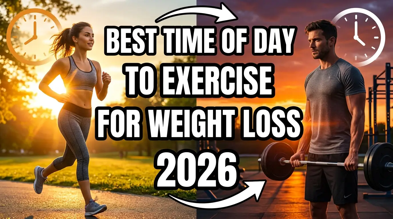Realistic YouTube thumbnail featuring a person exercising at sunrise and sunset with bold text “Best Time of Day to Exercise for Weight Loss 2026” in a vibrant, high-contrast fitness design.