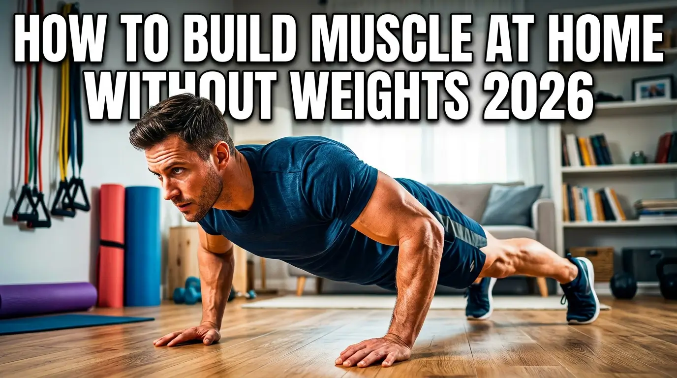 Realistic YouTube thumbnail featuring a person performing bodyweight exercises at home with bold text “How to Build Muscle at Home Without Weights 2026” in a vibrant, high-contrast fitness design.