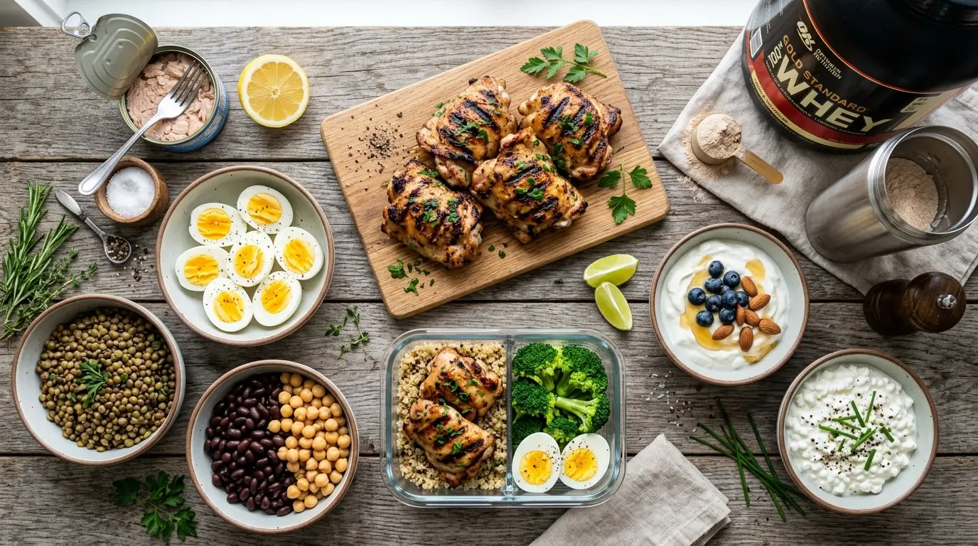 Ultra-realistic flat lay of affordable high-protein foods arranged on a rustic wooden table, featuring grilled chicken thighs, boiled eggs, canned tuna, Greek yogurt, lean ground turkey, whey protein, beans, lentils, and cottage cheese, accented with fresh herbs, black pepper, meal prep containers, and premium fitness nutrition styling in a vibrant commercial food photography style.