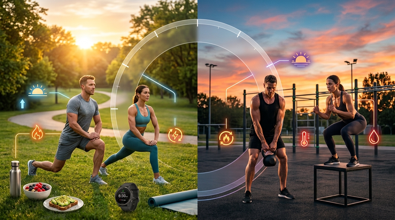 Ultra-realistic split-scene illustrating the human circadian rhythm and fat-burning process over a 24-hour day, with athletic man and woman exercising at sunrise in a peaceful park on one side and at sunset in a modern outdoor fitness area on the other. A translucent 24-hour clock overlays the background with subtle glowing connections highlighting hormone balance, metabolism, core body temperature, and energy cycles, while healthy breakfast foods, a water bottle, smartwatch, and fitness accessories reinforce the science of optimal workout timing in a premium editorial fitness and medical wellness style.