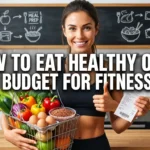 Motivated fitness enthusiast unpacking affordable healthy groceries in a bright modern kitchen, featuring chicken thighs, eggs, rice, oats, canned tuna, potatoes, fruits, vegetables, and meal prep containers, showcasing smart budget-friendly nutrition and healthy eating for fitness in an ultra-realistic lifestyle scene.