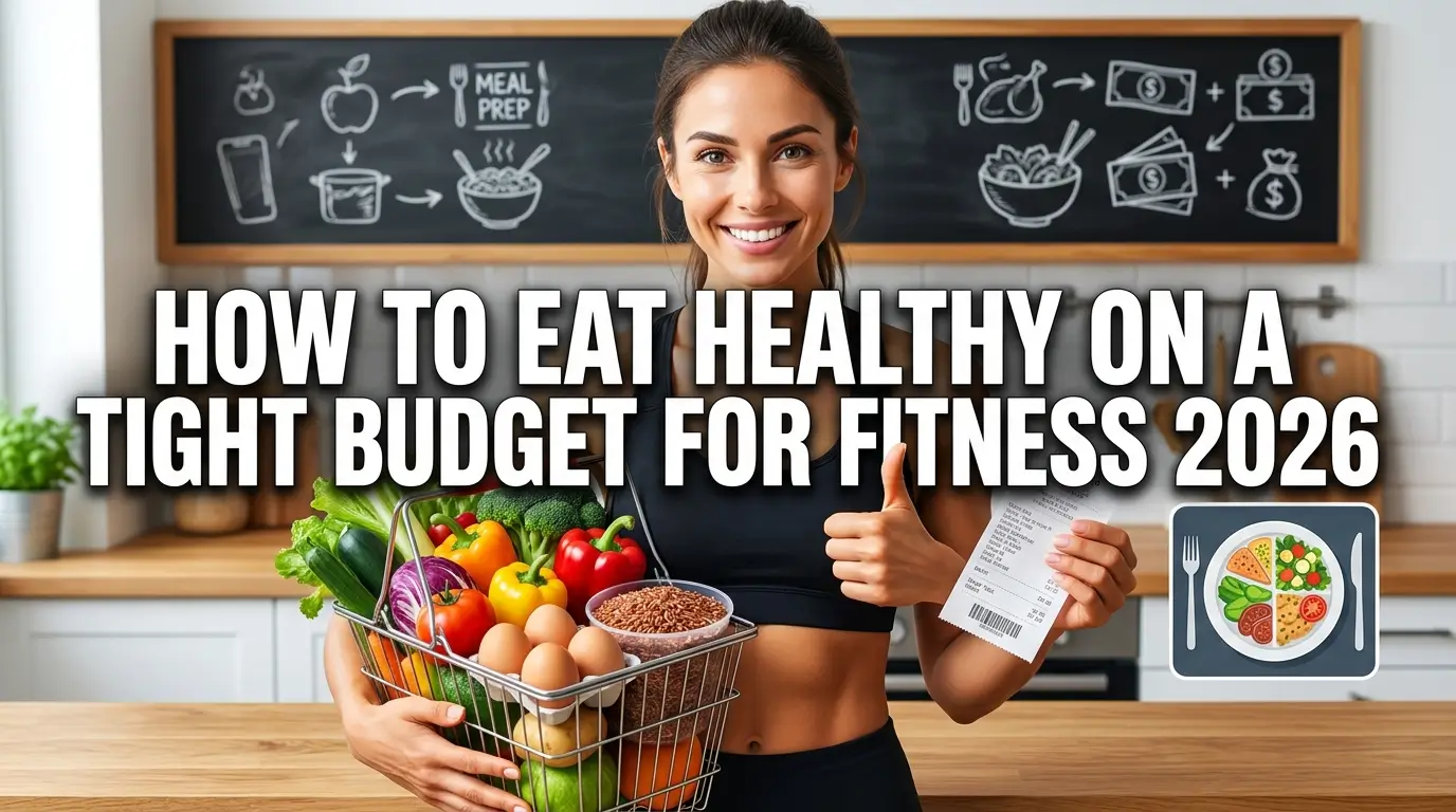 Motivated fitness enthusiast unpacking affordable healthy groceries in a bright modern kitchen, featuring chicken thighs, eggs, rice, oats, canned tuna, potatoes, fruits, vegetables, and meal prep containers, showcasing smart budget-friendly nutrition and healthy eating for fitness in an ultra-realistic lifestyle scene.