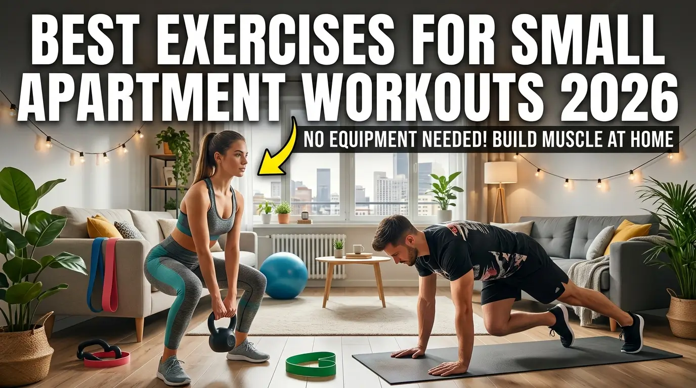 Realistic YouTube thumbnail featuring a person performing space-saving apartment exercises on a yoga mat, with bold text “Best Exercises for Small Apartment Workouts 2026” in a bold, high-contrast fitness design.