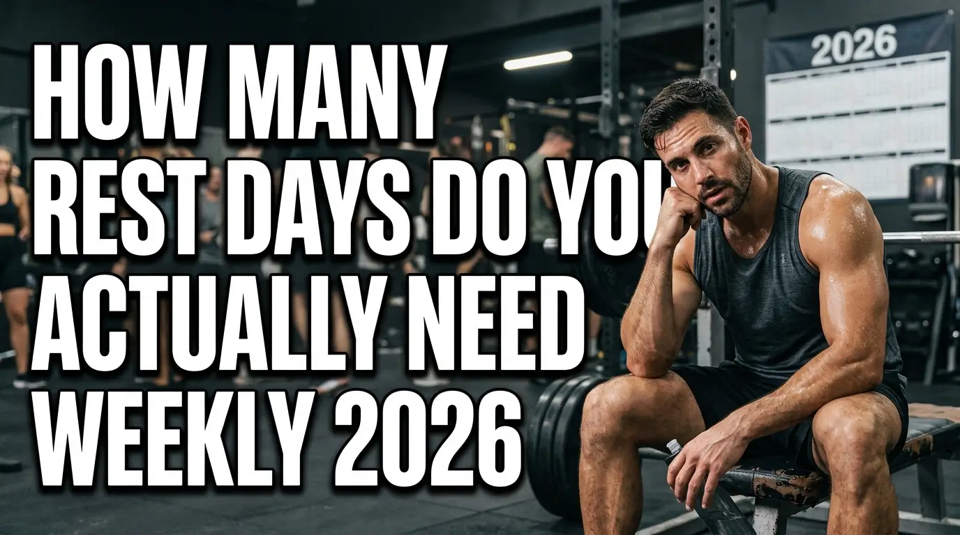 Realistic YouTube thumbnail featuring a fit person relaxing on a rest day with workout gear nearby, with bold text “How Many Rest Days Do You Actually Need Weekly 2026” in a bold, high-contrast fitness design.