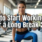 Realistic YouTube thumbnail featuring a person returning to exercise with simple workout equipment, with bold text “How to Start Working Out After a Long Break 2026” in a bold, high-contrast fitness design.
