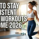 Realistic YouTube thumbnail featuring a person following a home workout routine with a calendar and fitness gear, with bold text “How to Stay Consistent With Workouts at Home 2026” in a bold, high-contrast fitness design.