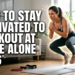 Realistic YouTube thumbnail featuring a person working out alone at home with a yoga mat and dumbbells, with bold text “How to Stay Motivated to Workout at Home Alone 2026” in a vibrant, high-contrast fitness design.