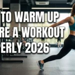 Realistic YouTube thumbnail featuring a person performing dynamic warm-up exercises before training, with bold text “How to Warm Up Before a Workout Properly 2026” in a vibrant, high-contrast fitness design.