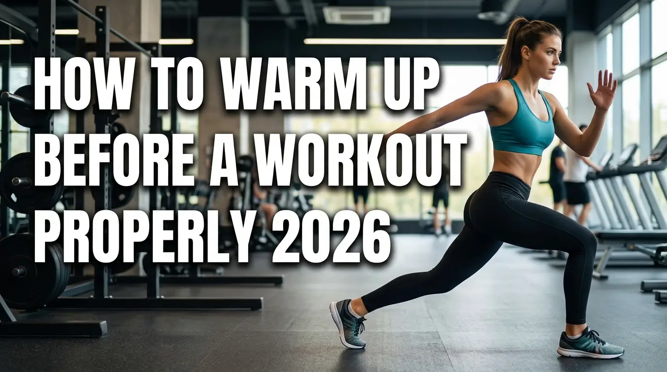 Realistic YouTube thumbnail featuring a person performing dynamic warm-up exercises before training, with bold text “How to Warm Up Before a Workout Properly 2026” in a vibrant, high-contrast fitness design.