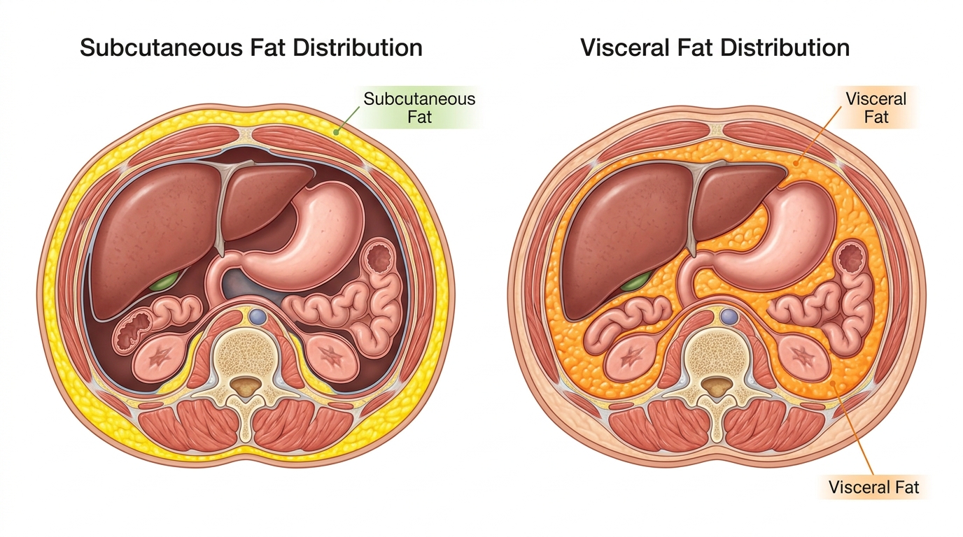 Ultra-realistic medical fitness illustration showing side-by-side human torso cross-sections comparing yellow subcutaneous fat beneath the skin with orange visceral fat surrounding internal abdominal organs, presented on a clean white background in a premium healthcare infographic style with highly detailed anatomical textures for educational purposes.