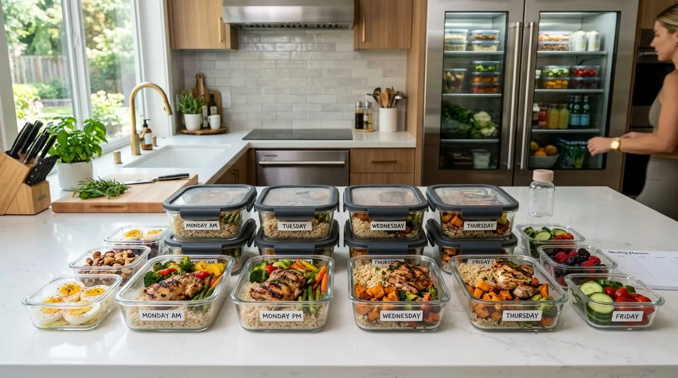 Ultra-realistic fitness meal prep scene featuring a luxury kitchen countertop filled with neatly organized weekly meal prep containers containing grilled chicken thighs, brown rice, roasted vegetables, boiled eggs, potatoes, quinoa, and healthy snacks, with day-of-the-week labels, an organized refrigerator in the background, bright natural lighting, and premium food photography style.