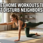 Realistic YouTube thumbnail featuring a person doing quiet home exercises on a yoga mat in an apartment, with bold text “Quiet Home Workouts That Won't Disturb Neighbors 2026” in a clean, high-contrast fitness design.