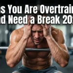 Realistic YouTube thumbnail featuring a tired athlete resting after an intense workout, with bold text “Signs You Are Overtraining and Need a Break 2026” in a bold, high-contrast fitness design.