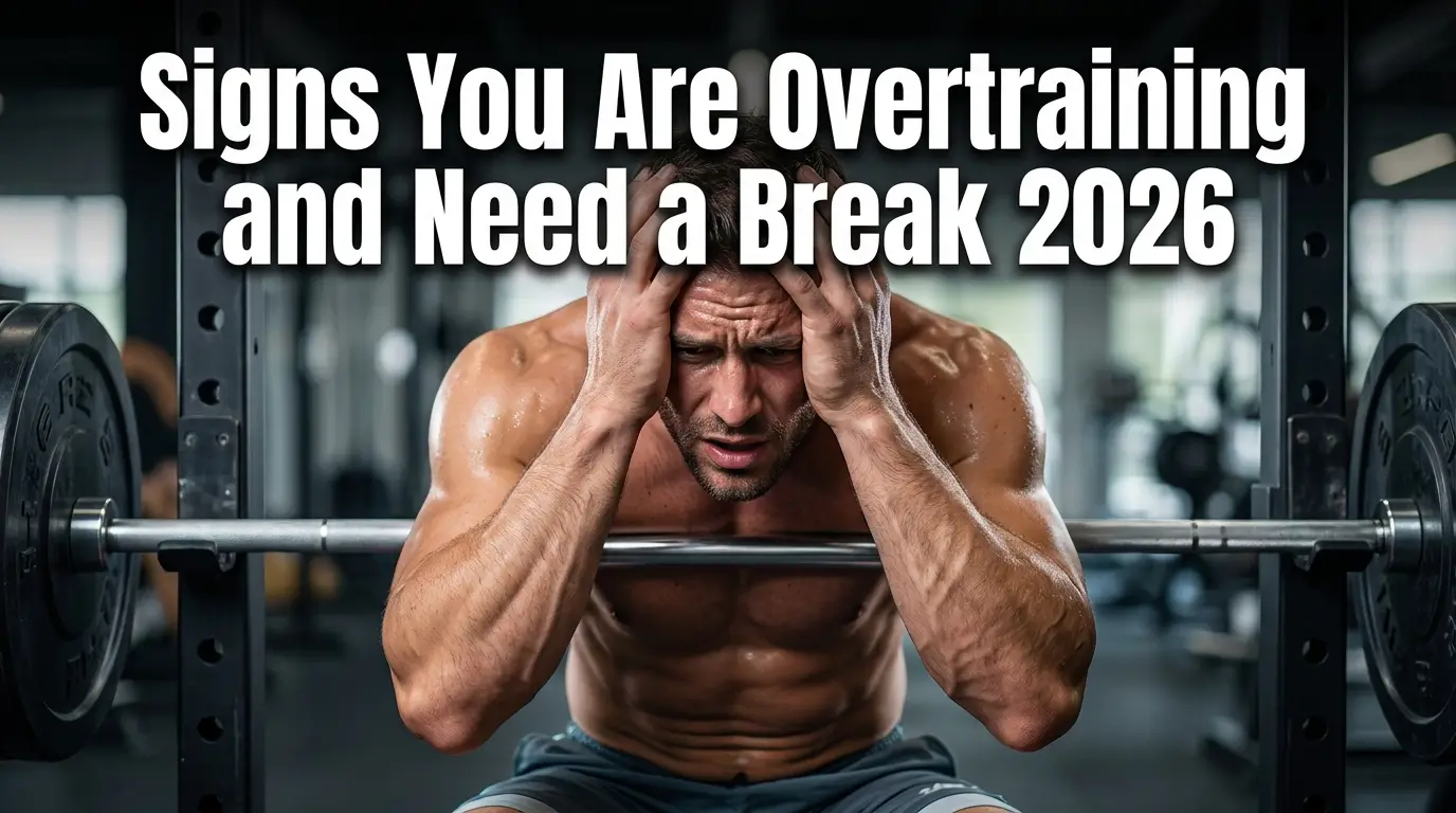 Realistic YouTube thumbnail featuring a tired athlete resting after an intense workout, with bold text “Signs You Are Overtraining and Need a Break 2026” in a bold, high-contrast fitness design.