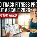 Realistic YouTube thumbnail featuring a person measuring body progress with a tape measure and progress photos, with bold text “How to Track Fitness Progress Without a Scale 2026” in a bold, high-contrast fitness design.