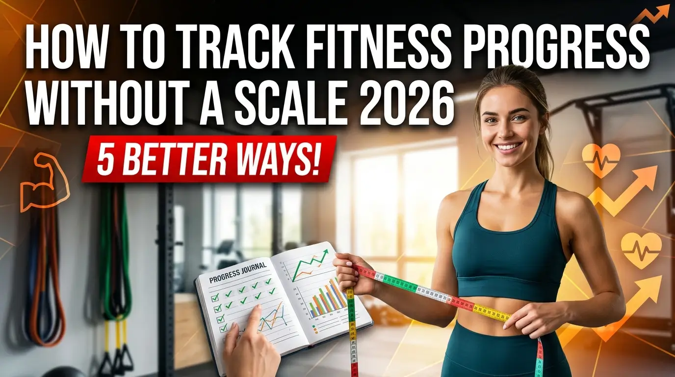 Realistic YouTube thumbnail featuring a person measuring body progress with a tape measure and progress photos, with bold text “How to Track Fitness Progress Without a Scale 2026” in a bold, high-contrast fitness design.