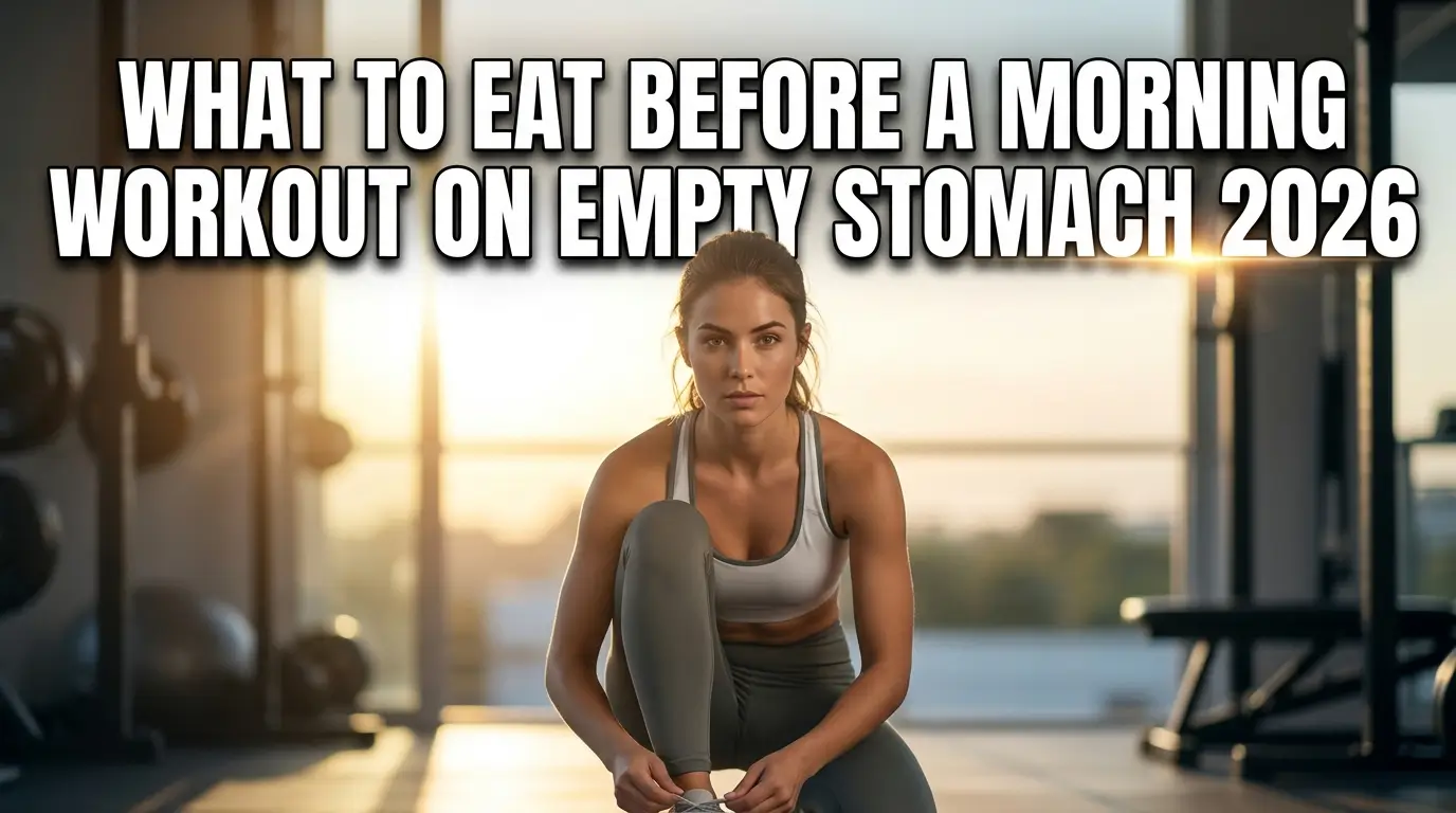 Realistic YouTube thumbnail featuring a banana, oats, toast, honey, and water beside gym gear, with bold text “What to Eat Before a Morning Workout on Empty Stomach 2026” in a bright, high-contrast fitness nutrition design.